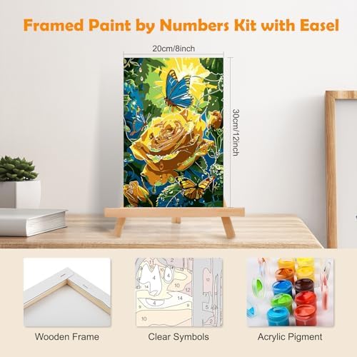 MOGTAA Paint by Numbers Kit for Adults with Frame, Rose Landscape Paint by Number Canvas, Butterfly Paint by Numbers with Easel, DIY Flowers Oil Painting Kit for Home Wall Decor 8 x 12 Inch - Image 2