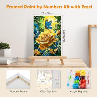 MOGTAA Paint by Numbers Kit for Adults with Frame, Rose Landscape Paint by Number Canvas, Butterfly Paint by Numbers with Easel, DIY Flowers Oil Painting Kit for Home Wall Decor 8 x 12 Inch - Image 2