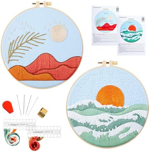 Armindou Hand Embroidery Starter Kit for Beginners Adults, Counted Cross Stitch kit for Adult Beginner, Stamped Embroidery Needlepoint Kit, 2 Set Embroidery Supplies, 2 Hoops (Attached Video Tutorial) by Armindou