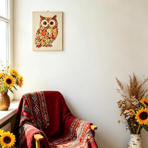 FONNUY Floral Owl Embroidery Kit for Beginners, DIY Handmade Flower Animal Embroidery Set with Hoop, Stamped Cross Stitch Kit for Adults, Unique Home Wall Art Decor & Craft Gift (Orange) - Image 4