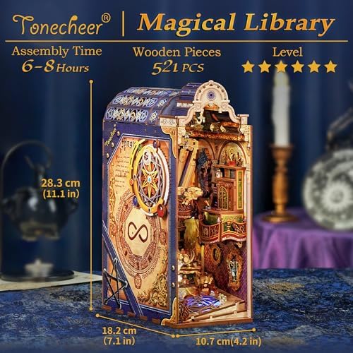 Tonecheer DIY Book Nook Kit for Adults, 3D Wooden Puzzle Bookend Miniature House Kit, Booknook Bookshelf Insert Decor with Dust Cover and LED Lights Gifts (Magical Library) - Image 2