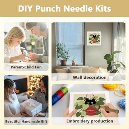DOODLREAM Hanging Pothos Plant Cat Needle Kit for Beginner, 9.4"x 9.4" Boho Houseplant Punch Stitching Craft Set, DIY Embroidery Starter with Printed Frame, Instruction, Threader, Yarn, Punch Needle - Image 4