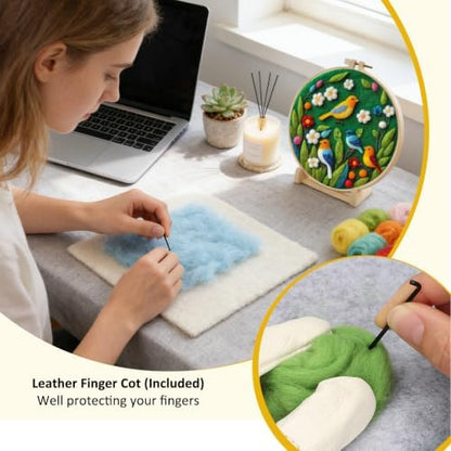 Zovylks Needle Felting Kit for Adults, 7.9 Inch Wool Felt Painting DIY Craft Set for Beginners, Needle Felt Starter Kit with Picture Frame, Foam Pad, Finger Cot (Colorful Birds) - Image 5