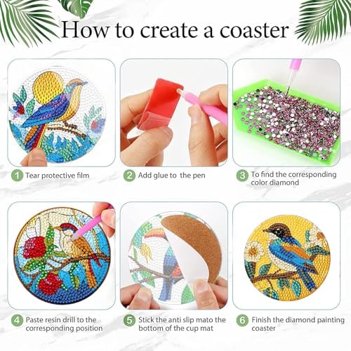 EWJRNSF 6 PCS Bird Diamond Art Coasters DIY Kit with Holder for Adults - Image 3