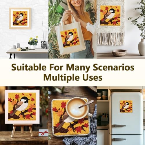 DOODLREAM Chickadee in Autumn Needle Kit for Beginner, 9.4"x 9.4" Fall Bird Punch Stitching Craft Set, DIY Embroidery Starter with Printed Frame, Instruction, Threader, Yarn, Pinch Needle - Image 5