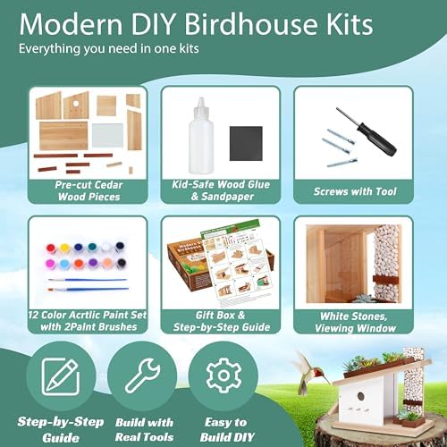 Modern Birdhouse Woodworking Kit, Build Your Own DIY Bird House Kit for Kids and Adults, DIY Woodcraft Building Projects with Paint Set - Image 2