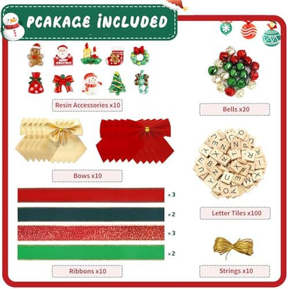 Christmas Ornaments Tree Decorations Personalized Crafts for Adults Kit DIY Ribbon Letter Tiles Bells Rustic Stockings Name Tags Hanging Xmas Decor for Gifts Wreath Holiday(Red & Green) - Image 2