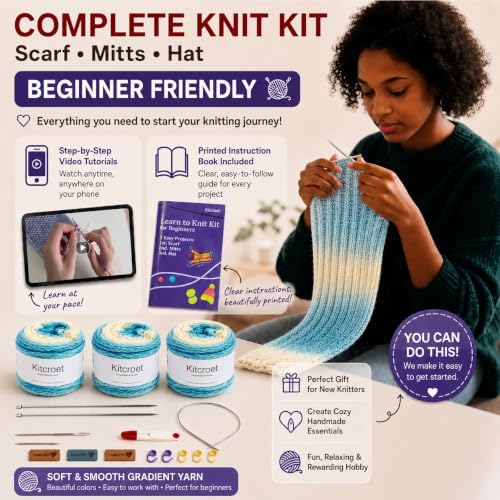 Knitting Kit for Beginners, Complete Starter Kit for Scarf, Hat, Gloves - Image 2