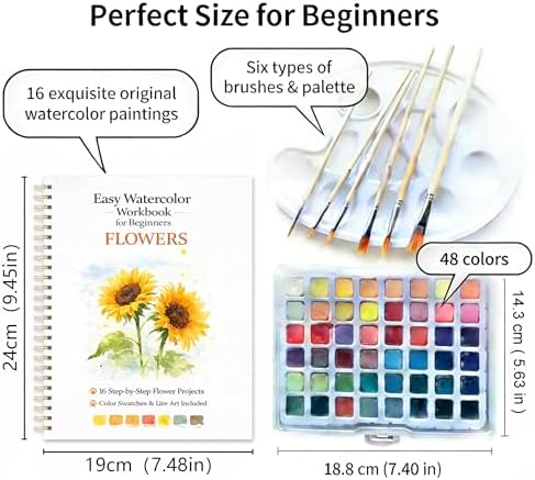 Watercolor Workbook for Beginners – Flowers, 16 Original Watercolor Projects, Watercolor Kit with 48 Colors Paint Set, 6 Brushes & Palette,Watercolor Workbook for Adults, Creative Art Gift - Image 2