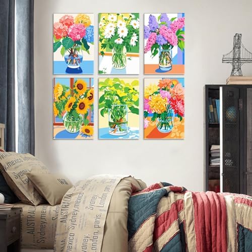 Colorful Flowers Paint by Number for Adults, Hydrangea in Glass Vase DIY Oil Painting Kits on Canvas and Acrylic Pigment, 6 Packs Adults Paint by Numbers for Gift Home Decor 8x12 Inch (Frameless) - Image 2