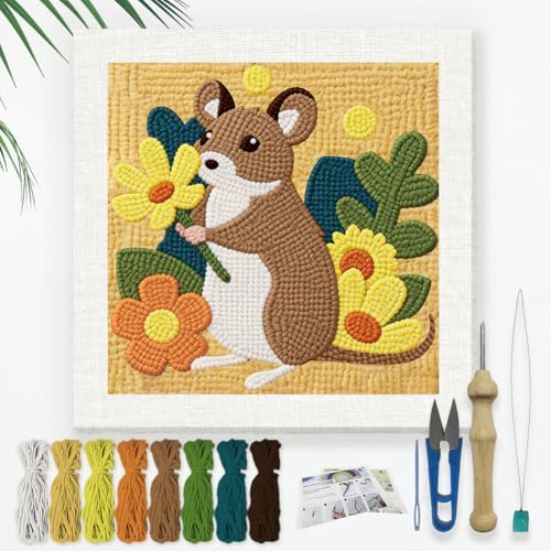 Doodlream Mouse with Flower Needle Kit for Beginner, 9.4"x 9.4" Cute Forest Animal Punch Stitching Craft Set, Color DIY Embroidery Starter with Printed Frame, Instruction, Threader, Yarn, Pinch Needle by Doodlream