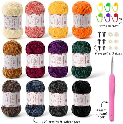 12 Pack Chenille Chunky Yarn - Baby Yarn for Crocheting Soft - Red Purple Green Pink Gray Blue Black White Velvet Yarns Crochet Blanket - Amigurumi Yarns Pack with Crochet Accessories F - Image 2