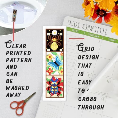 BEUNITONE 6 Pcs Insects Cross Stitch Bookmark Kits for Beginners Bookmark with Butterflies Dragonflies Pattern Counted Cross Stitch DIY Stamped Embroidery with Instructions for Book Lover 8''x2.4'' - Image 3