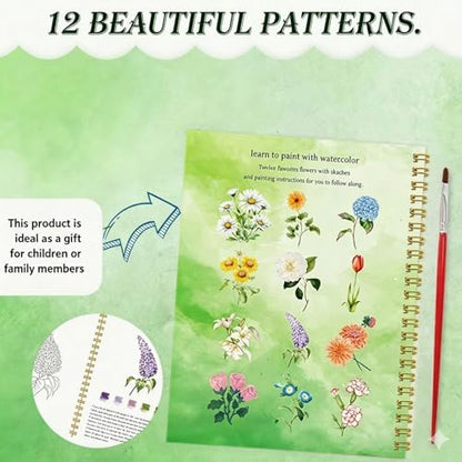 Watercolor Workbook for Beginners - 24 Colors Paint Set & Coloring Book, All-in-One Watercolor Painting Kit, Artistic Exploration Gift for Adults and Teens (Flowers) - Image 4