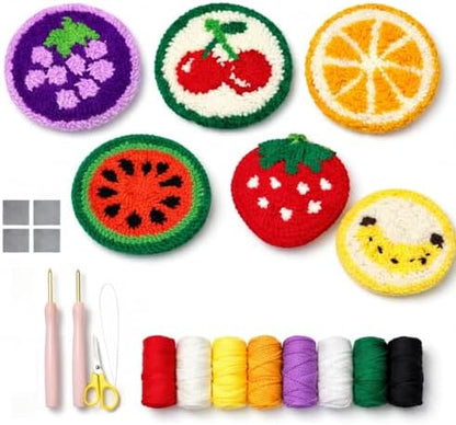 Punch Needle Coaster Kit for Adults Beginners, Easy Punch Embroidery Starter Set with Instructions – Fun Mug Rug Making Kit for Table Decor & Festival DIY Gifts (6pcs Cute Fruits) by PunchBloom
