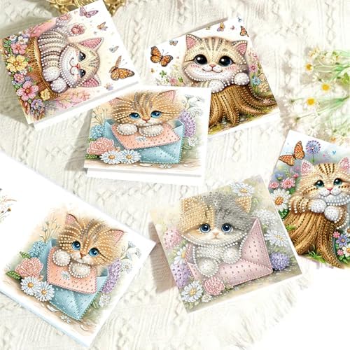 6pcs Cat and Flowers Diamond Art Painting Greeting Cards Kit with Envelopes, 5D DIY Special Shaped Card Making Kits for Adults, Holiday Birthday Postcards, Creative Craft Gifts - Image 7