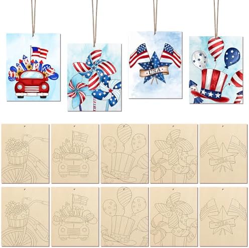 COCHIE 10 Pieces Large 4th of July Unfinished Wood Crafts to Paint for Adults, Bulk Predrilled Wooden Ornaments for Painting, Independence Day Paintable Wood Slices Craft Supplies with Ropes by COCHIE