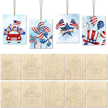 COCHIE 10 Pieces Large 4th of July Unfinished Wood Crafts to Paint for Adults, Bulk Predrilled Wooden Ornaments for Painting, Independence Day Paintable Wood Slices Craft Supplies with Ropes by COCHIE