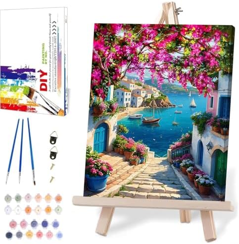 MIRCVSH Scenery Paint by Numbers Kit for Adults,Framed Landscape Paint by Number Kits on Canvas with Brushes,Flowers and Sea Oil Painting Kits with Wooden Easel for Home Wall Decor 12X16 Inch. by MIRCVSH