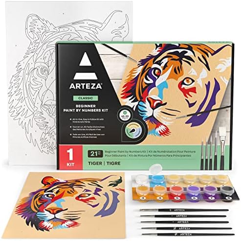ARTEZA Paint by Numbers Kit, 12x16 Inches, 21 Pieces, Tiger Canvas Painting Kit, Canvas Panel, 12 Acrylic Paint Pots, 5 Paintbrushes, Art Supplies for a Meditative and Calming by ARTEZA