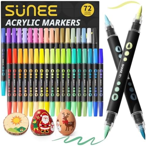 SUNEE 72 Colors Acrylic Paint Markers, 36 Pack Brush Tip Paint Pens with Automatic Ink Control System, Coloring Markers for Metal, Rock, Ceramic, Wood, Canvas, Glass, DIY Crafts Art Supplies Kit by SUNEE