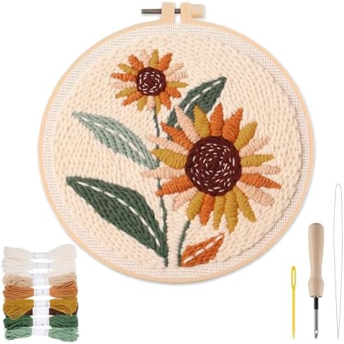 Punch Needle Kit Adults Beginner - Step-by-Step Video & Guide, Includes Hoop/Needle/Yarns/Punch Needle Fabric with Pattern, Spring Embroidery Craft Gifts for Women, Sunflower by Biubee