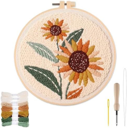 Punch Needle Kit Adults Beginner - Step-by-Step Video & Guide, Includes Hoop/Needle/Yarns/Punch Needle Fabric with Pattern, Spring Embroidery Craft Gifts for Women, Sunflower by Biubee