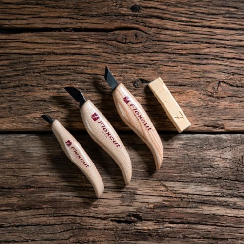 FLEXCUT Wood Carving Knives | Chip Carving Set | 1095 High Carbon Steel Blades | Ergonomic Ashwood Handle | Set of 3 Woodcarving Tools | KN115 | Made in the U.S.A. - Image 3