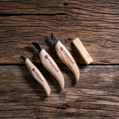 FLEXCUT Wood Carving Knives | Chip Carving Set | 1095 High Carbon Steel Blades | Ergonomic Ashwood Handle | Set of 3 Woodcarving Tools | KN115 | Made in the U.S.A. - Image 3