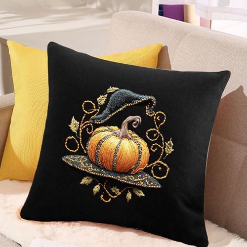 FONNUY Pumpkin Embroidery Kit for Beginners, Pre-Stamped Pattern Kits for Adults with Hoop, Easy to Follow Color Thread Needlework, 8'' Hoop (Witch Hat 2) - Image 3