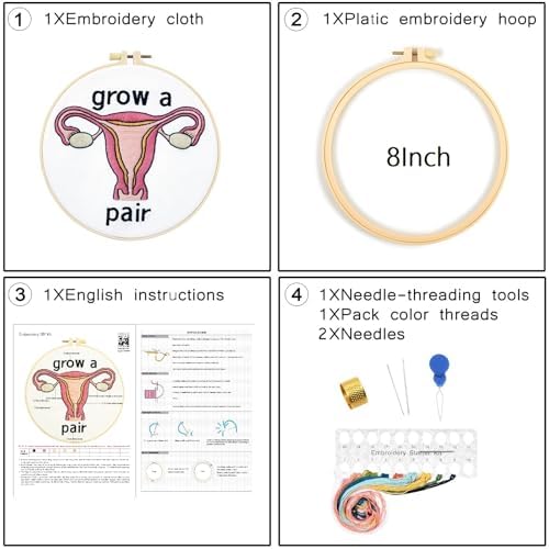 Hand Embroidery Kits for Beginners Adults, Grow a Pair Uterus Embroidery DIY Kit, Stamped Cross Stitch Kits for Beginners Adult Craft Kits for Women, Entire Set of Embroidery Supplies & Video Tutorial - Image 6