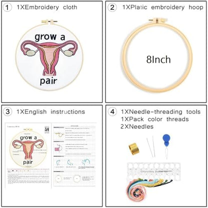 Hand Embroidery Kits for Beginners Adults, Grow a Pair Uterus Embroidery DIY Kit, Stamped Cross Stitch Kits for Beginners Adult Craft Kits for Women, Entire Set of Embroidery Supplies & Video Tutorial - Image 6