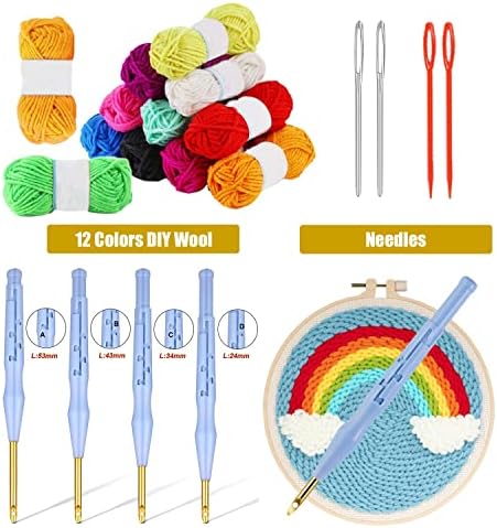 Allazone Embroidery Kit - 17 Pcs with 3 Plastic Hoops, 3 Punch Needles, 12 Colors, Big Eye Needles & Threaders - Image 3