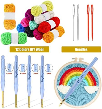 Allazone Embroidery Kit - 17 Pcs with 3 Plastic Hoops, 3 Punch Needles, 12 Colors, Big Eye Needles & Threaders - Image 3