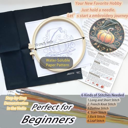 FONNUY Pumpkin Embroidery Kit for Beginners, Pre-Stamped Pattern Kits for Adults with Hoop, Easy to Follow Color Thread Needlework, 8'' Hoop (Witch Hat 2) - Image 6