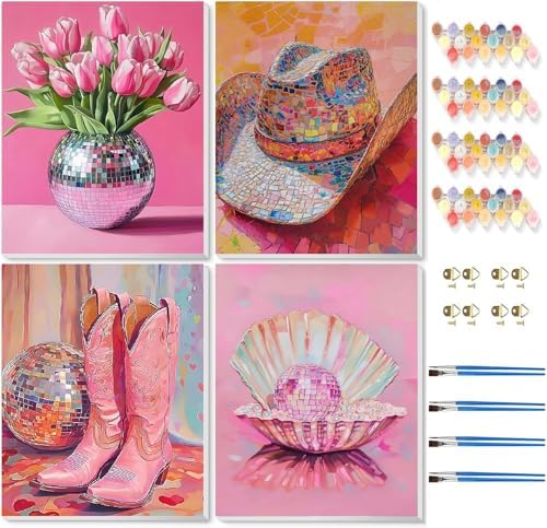 TCDZMYGS 4 Pack Paint by Numbers Kit for Adults Beginner,Disco Ball Retro Easy Paint by Number Kits with Frame,DIY Acrylic Oil Painting by Numbers for Home Wall Decor 9.5 x 11.8 inch by TCDZMYGS