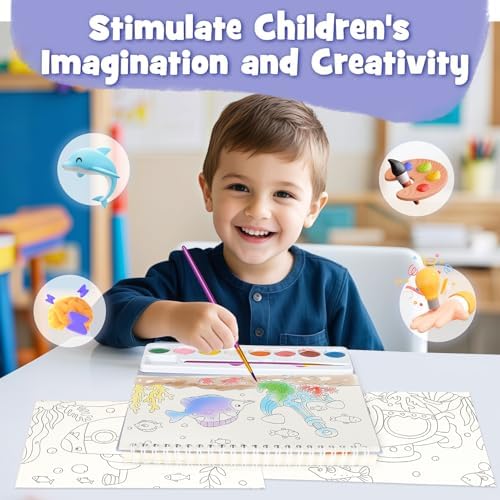 Watercolor Painting Coloring Books, Paint with Water Arts & Crafts Kit for Kids, Travel Activities Art Supplies Party Favors Exchange Birthday Gifts for Boys Girls, Spiral-Bound (Marine) - Image 2