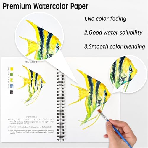 SLWBZ Watercolor Workbook Ocean Animals, 15 Different Patterns of Original DIY Designs, 16 Color Watercolor Paint Plates with Palette and Brush, Beginner-Friendly Watercolor Workbooks, Ocean Animals - Image 3