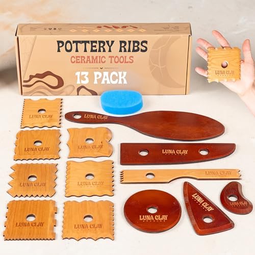 Pottery Tools & Ribs Set | 13 Pack - Kiln-Dried Cherry Wood Clay & Ceramic Tools for Trimming, Shaping & Wheel Throwing, Non-Warping, Home or Studio Use, Bonus Pottery Sponge Included by LunaClayStudios
