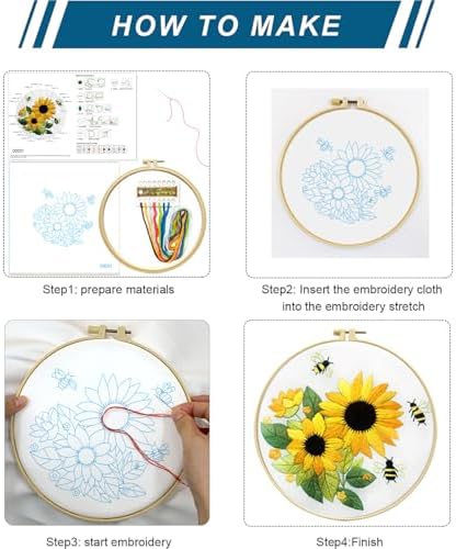 Zhenqing Sunflower Embroidery Kit 3 Designs | 11.4"x11.4" Beginner-Friendly Hand Embroidery Set with Hoop & DMC Threads | DIY Home Wall Decor, Mindful Gift for Mothers Day C0005 - Image 6