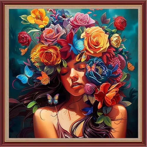 Dooxvey Cross Stitch Kits for Adults Beginners,Full Range of Cross-Stitch Stamped Kits Needlepoint Kits for Beginners Embroidery Kits 11CT Cross Stitch Patterns-Colorful Flower Girl 18x18 inch by DooxveyStampedEmbroideryKit