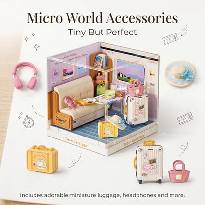 Train Carriage Miniature House Kit, Plastic DIY Dollhouse with Cozy Sofa & Travel Gear, Stackable Transparent Dust Cover, Creative Desktop Decor for Adults Teens - Image 5
