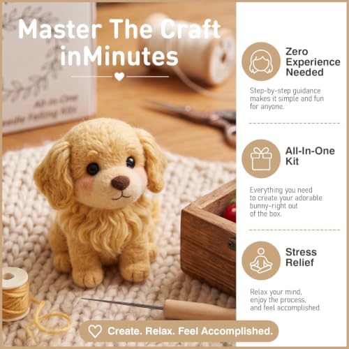 DIY Needle Felting Kit Cute Golden Retriever Puppy – Needle Felting Starter Kit with Fiber Roving, Needles, Felting Pad & Instructions | Felted Dog Kit for Beginners Adults | DIY Craft Gift - Image 3