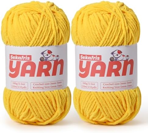 2 Pack Plush Chunky Chenille Yarn for Crocheting, Soft Fluffy Velvet Yarn for Crocheting Amigurumi, Fuzzy Baby Blanket Knitting 200g/262yds Bulky(2 Golden Yellow) by Sekafris