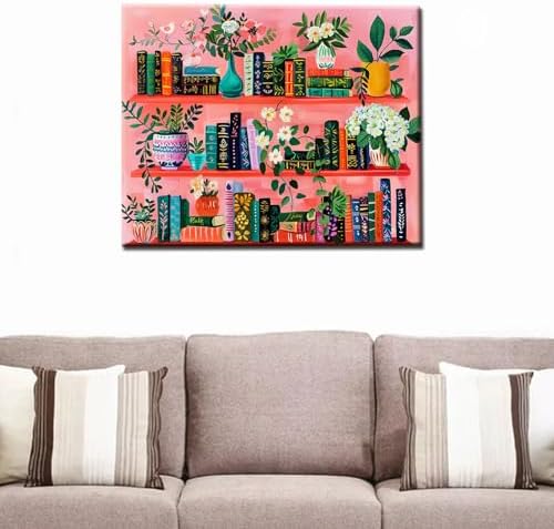 Bookshelf Book Theme Pink Library Paint by Numbers Kits for Adult Paint by Numbers Boho Painting Kits on Canvas with Brushes and Acrylic Pigment for Home Wall Decor Without Framed 16''W x 20''H - Image 3