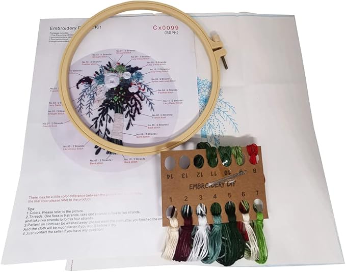 3 Sets Embroidery Starter Kit with Pattern and Instructions,Cross Stitch Beginner Kits with Frame,3 Plastic Embroidery Hoops,3 Embroidery Clothes and Color Threads (3 X Flower Pattern)