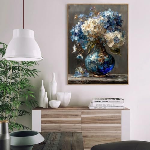 pchmcu Hydrangea in Glass Vase Paint by Numbers Kits for Adults,Blue and White Flowers Paint by Number for Adults Beginner, Paint by Numbers Kits on Canvas Frameless for Home Wall Decor 16x20inch - Image 2