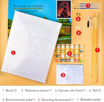 TUMOVO Paint by Numbers Cute Little Baby Dragon DIY Paint by Numbers Kit for Adults and Kids DIY Canvas Painting by Numbers Watercolor Oil Painting Acrylic Painting Arts and Craft Framed 16x20 Inch - Image 4