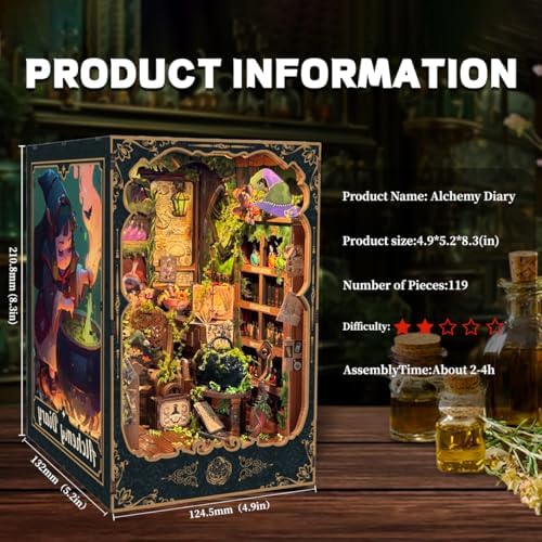 DIY Book Nook Kit for Adults and Teens 3D Wooden Puzzle Miniature Tiny House Dollhouse Kit Bookshelf Booknook Bookcase Model Build Gift Kit Decor with LED Light-Alchemy Diary(SQ-43) - Image 3