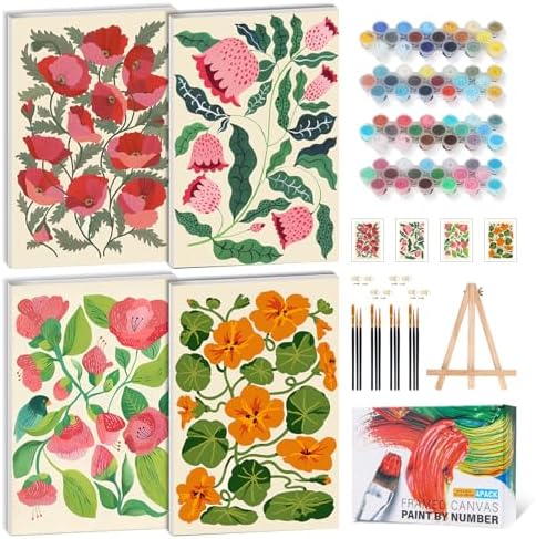 GEEHEIY 4 Pack Framed Paint by Numbers Kit for Adults, Flowers, 8 x 12 Inch by GEEHEIY